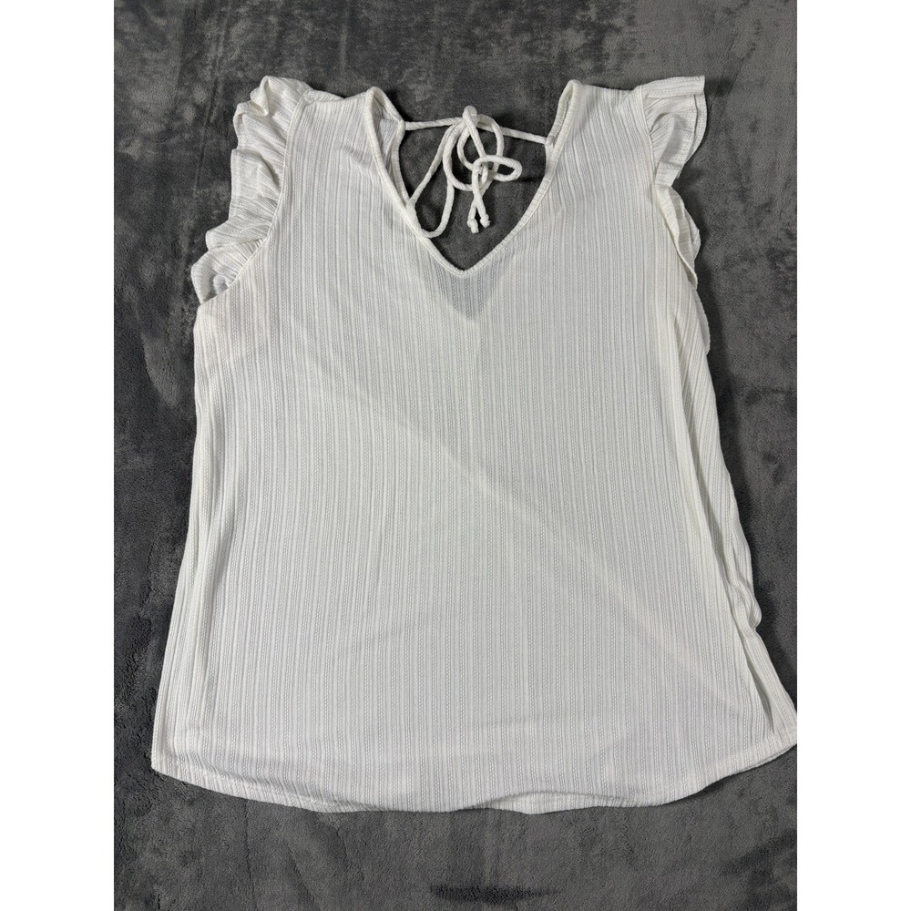 143 Story Womens Ruffle Sleeve Tie Back Top Pit to Pit 17.5 White Pointelle